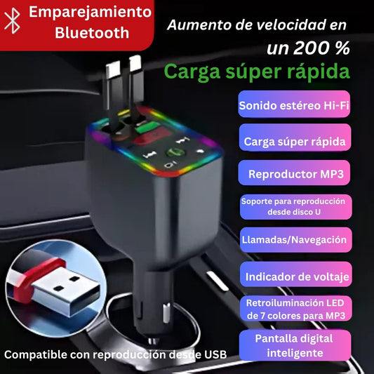 DriveTune Pro | Transmisor FM para Auto & Carkit MP3 Inalámbrico con Iluminación LED de 7 Colores